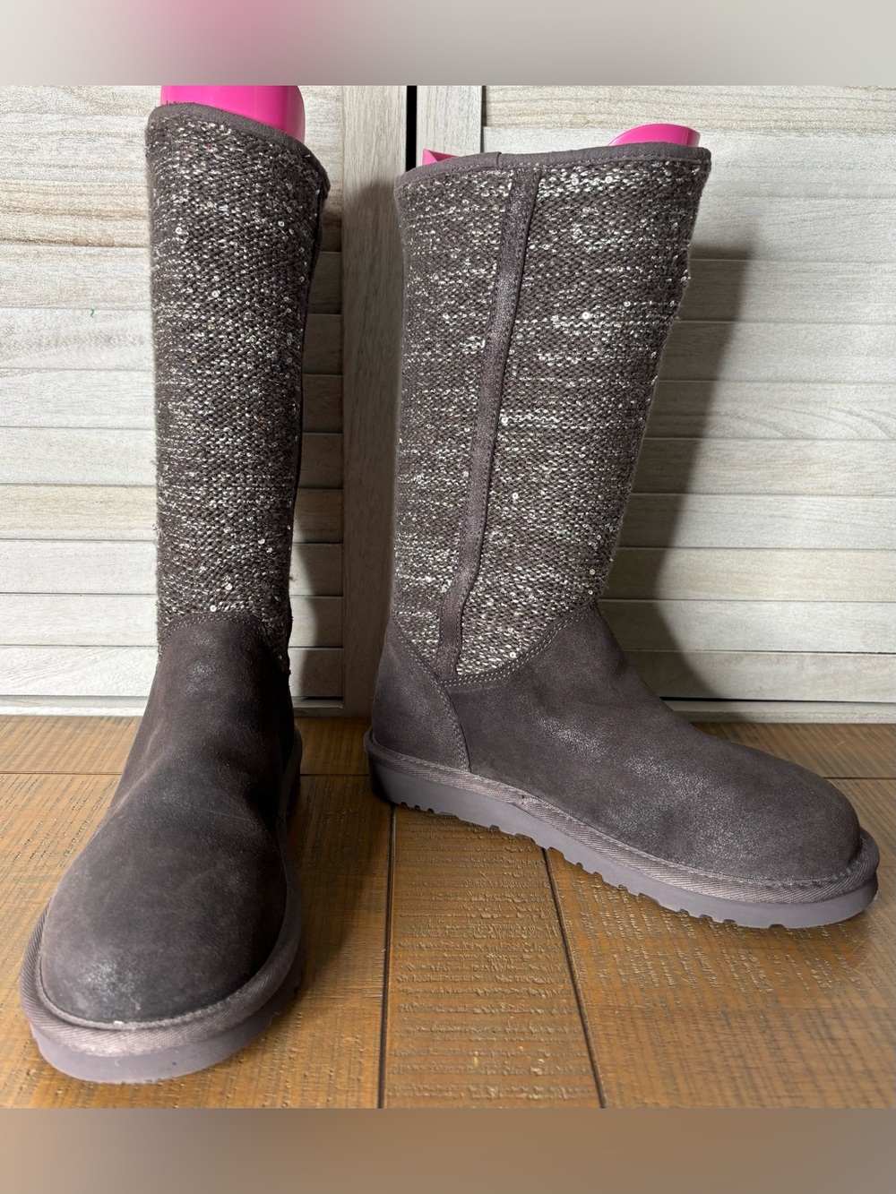 UGG Australia Camaya Tall Suede Sequin Knit Sweater Boots Gray Size 8